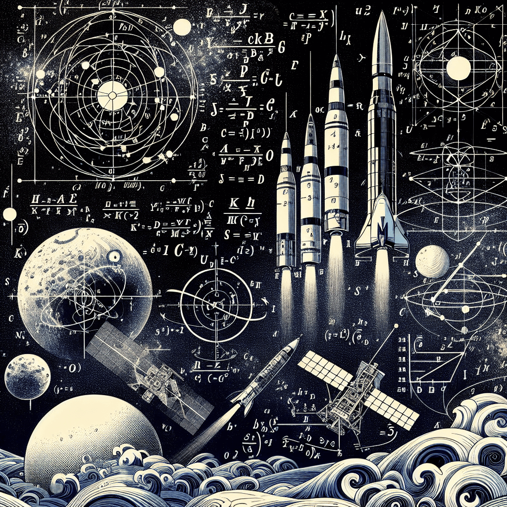 Create an image depicting the mathematical principles and tools used in space navigation, such as equations, graphs, and spacecraft trajectories, set against a backdrop of space with stars and planets.