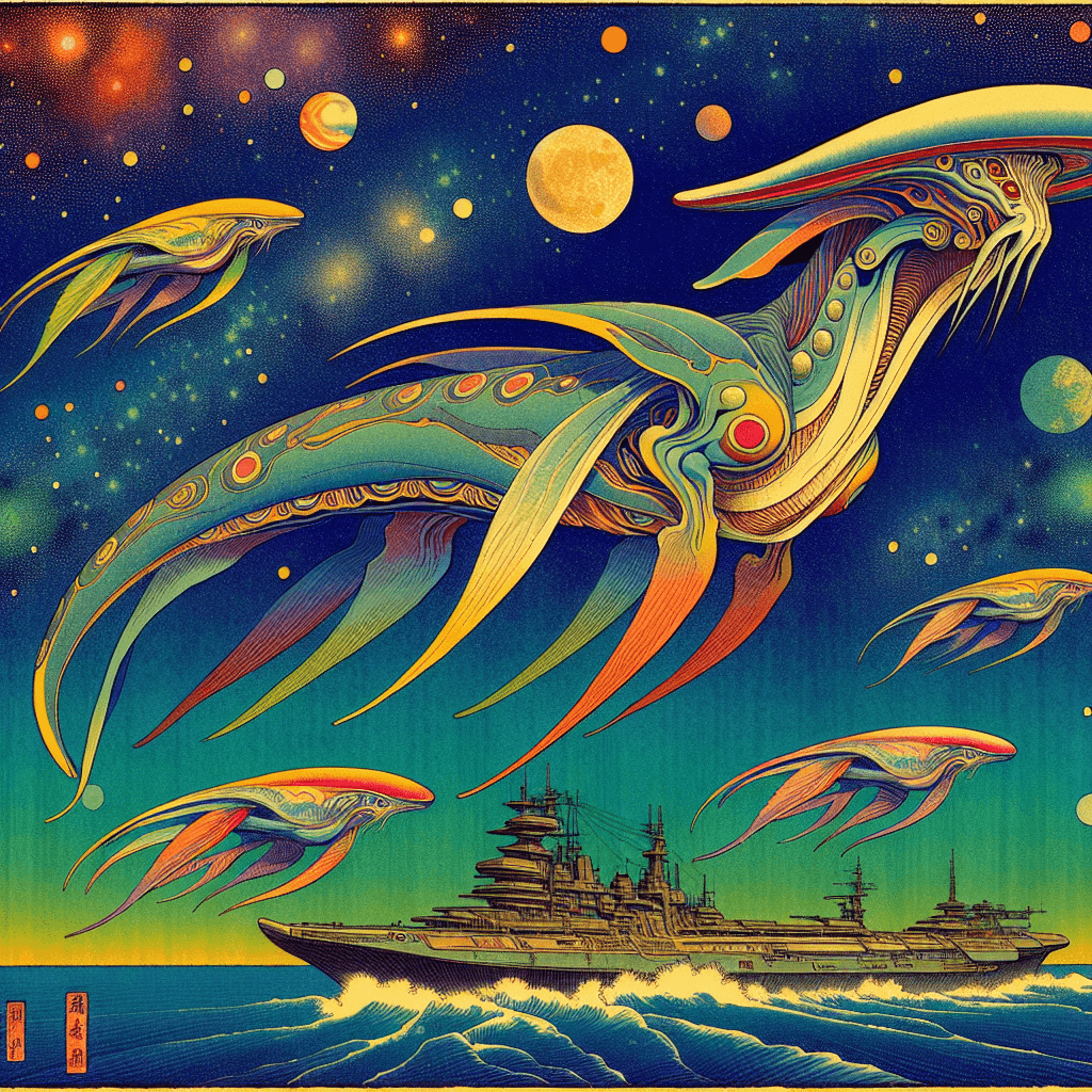 Create an image depicting the Space Guild Navigators: mysterious, mutated beings with elongated, aquatic features, navigating enormous starships through space using their advanced mental abilities.