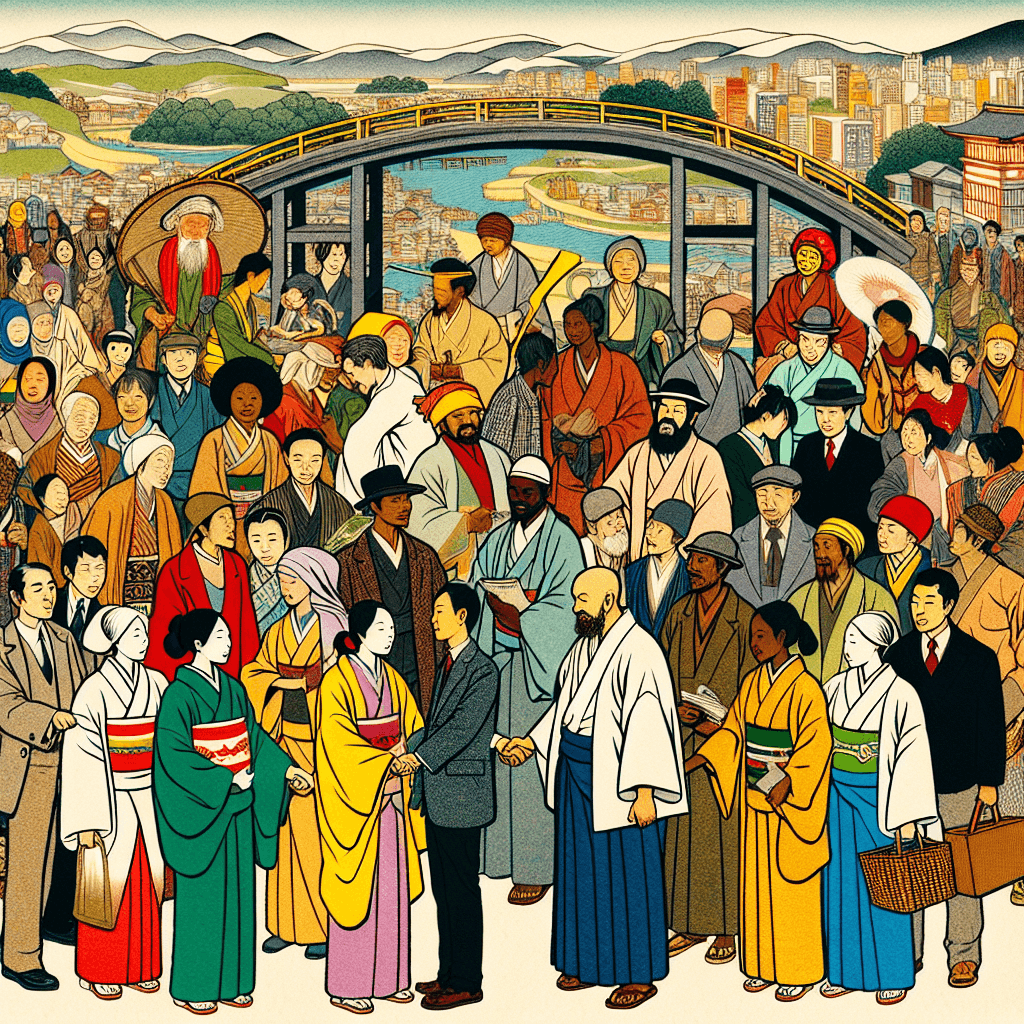 Create an image depicting diverse individuals from various cultural backgrounds collaborating and interacting, symbolizing the building of long-term bridges through cultural and social initiatives.