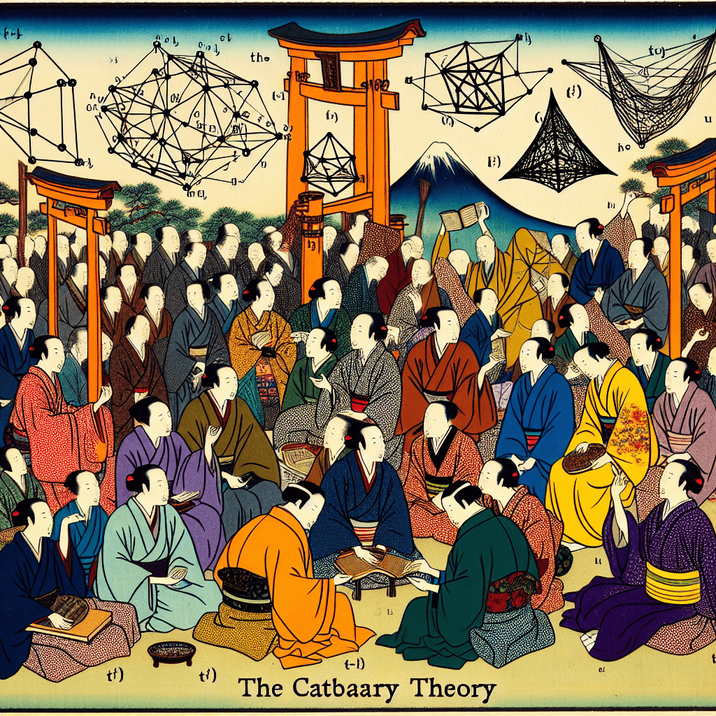 Create an image of a lively community gathering where people are enthusiastically discussing and sharing ideas about category theory, with visual elements representing abstract mathematical concepts intertwined with social interaction.