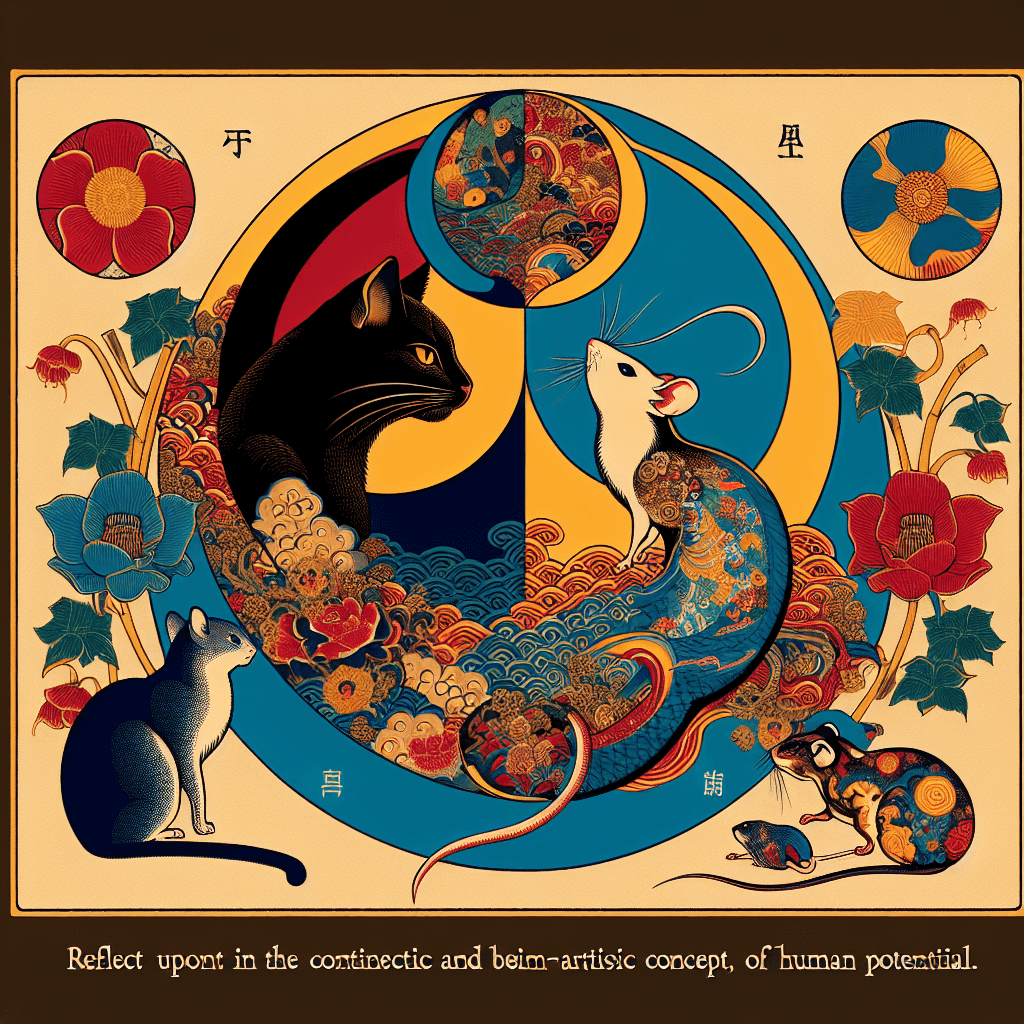 Create an image depicting the enigmatic relationship between cats, mice, and human potential, capturing the intrigue and interconnectedness of these elements.
