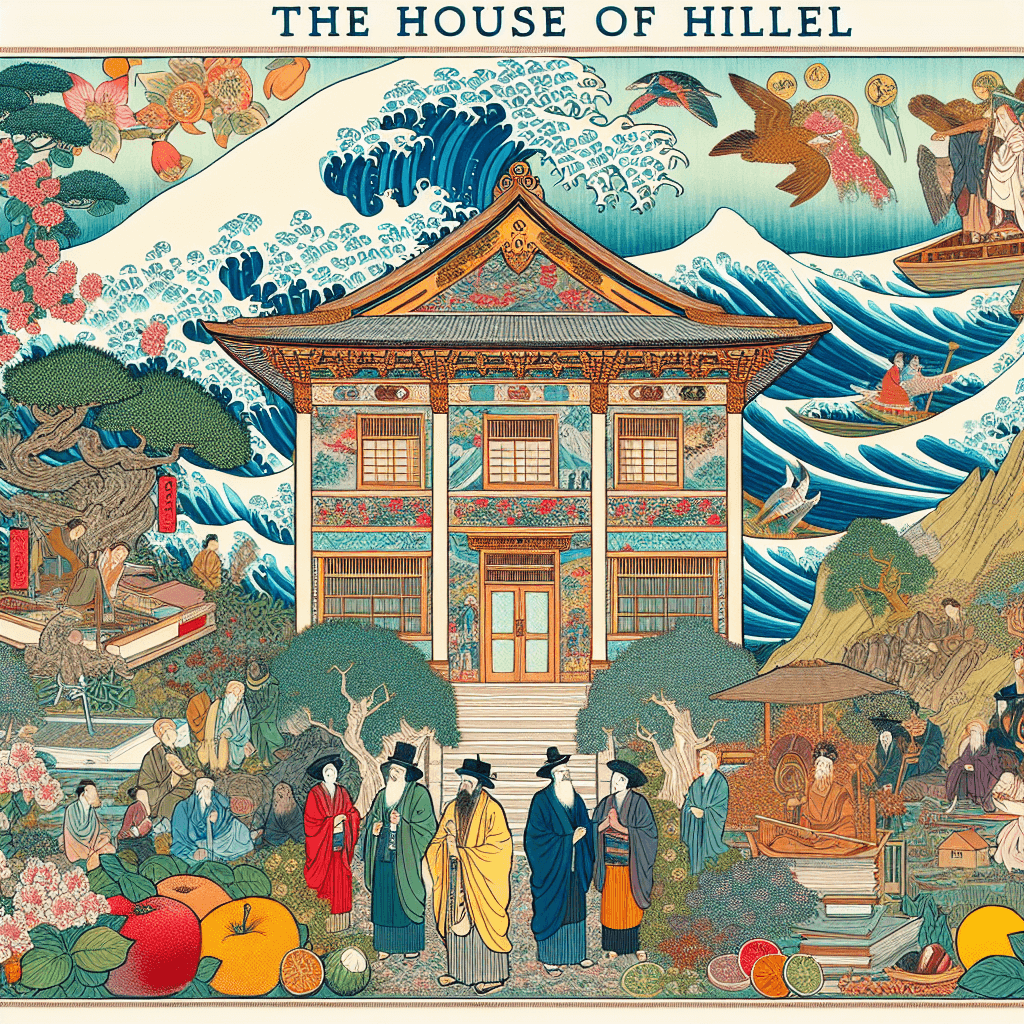 Create an image depicting the House of Hillel, symbolizing its rich legacy of scholarship and leadership, with elements representing wisdom, learning, and guidance.