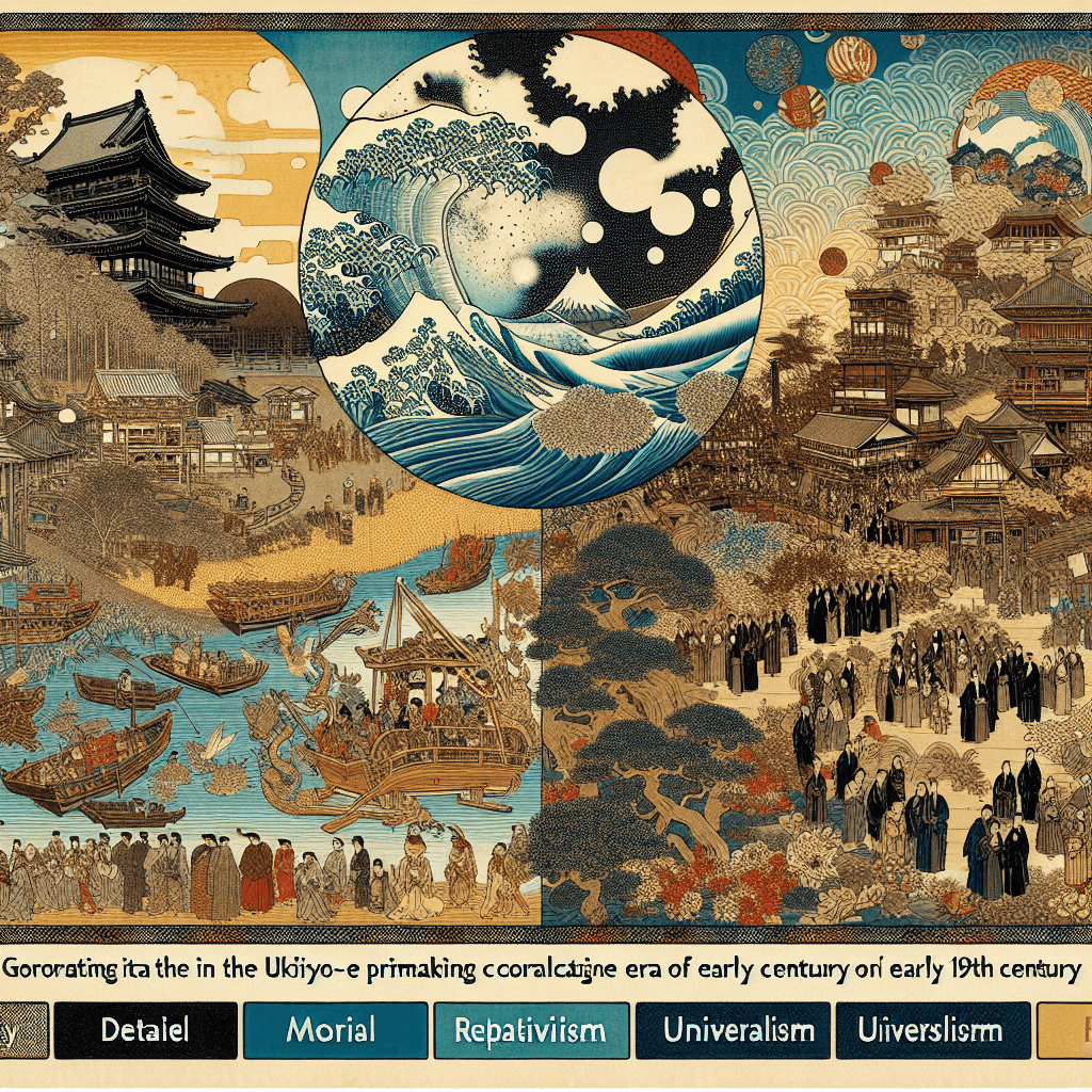 Create an image depicting the contrast between moral relativism and universalism, illustrating the complexity of ethical diversity in a globalized world.