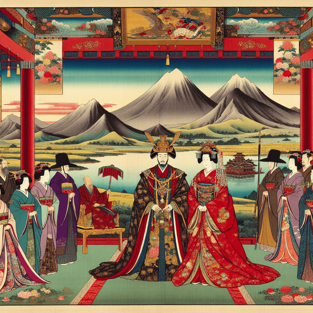 Create an image depicting a royal marriage ceremony symbolizing the union of two kingdoms, emphasizing themes of diplomacy, unity, and cultural exchange.