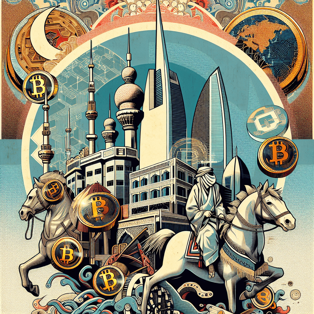 Create an image depicting the fusion of Kuwait's traditional wealth with the modern intrigue of cryptocurrency, highlighting the contrast and synergy between classic symbols of wealth and digital currency elements.
