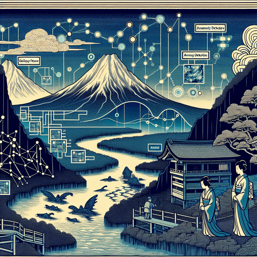 Create an image depicting the integration of machine learning and anomaly detection in advanced analytics for IP threat intelligence. Illustrate a digital landscape where data flows visually represent the detection of anomalies and the role of AI in identifying potential threats.