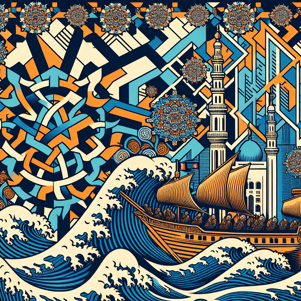 Create an image depicting the fusion of Oman’s maritime heritage with modern fractal designs, symbolizing the integration of traditional Islamic finance principles with contemporary concepts of concurrency.