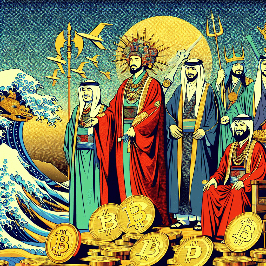 Create an image depicting Middle Eastern monarchies with varying degrees of exposure to cryptocurrency, illustrating tailored financial strategies and digital assets integration.