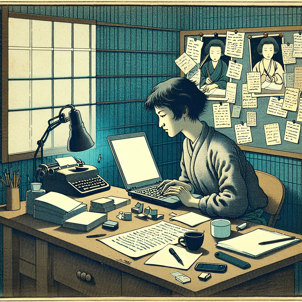 Create an image depicting a writer at a desk reviewing and editing blog posts, surrounded by tools for enhancing clarity, focus, and engagement, such as a laptop, notes, a coffee cup, and a bulletin board with pinned ideas.