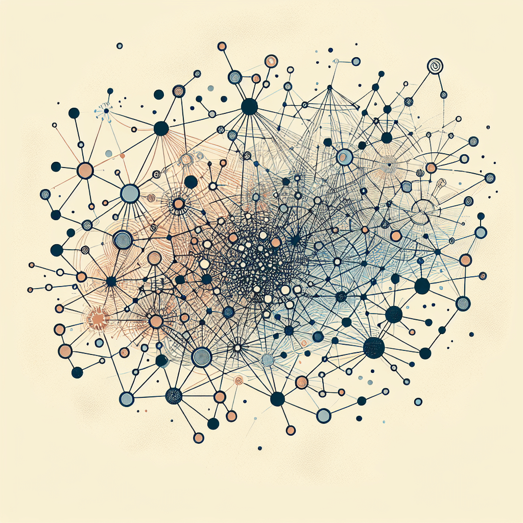 Create an image depicting a complex network of interconnected nodes, illustrating the concept of network theory with various lines and points representing connections and nodes.