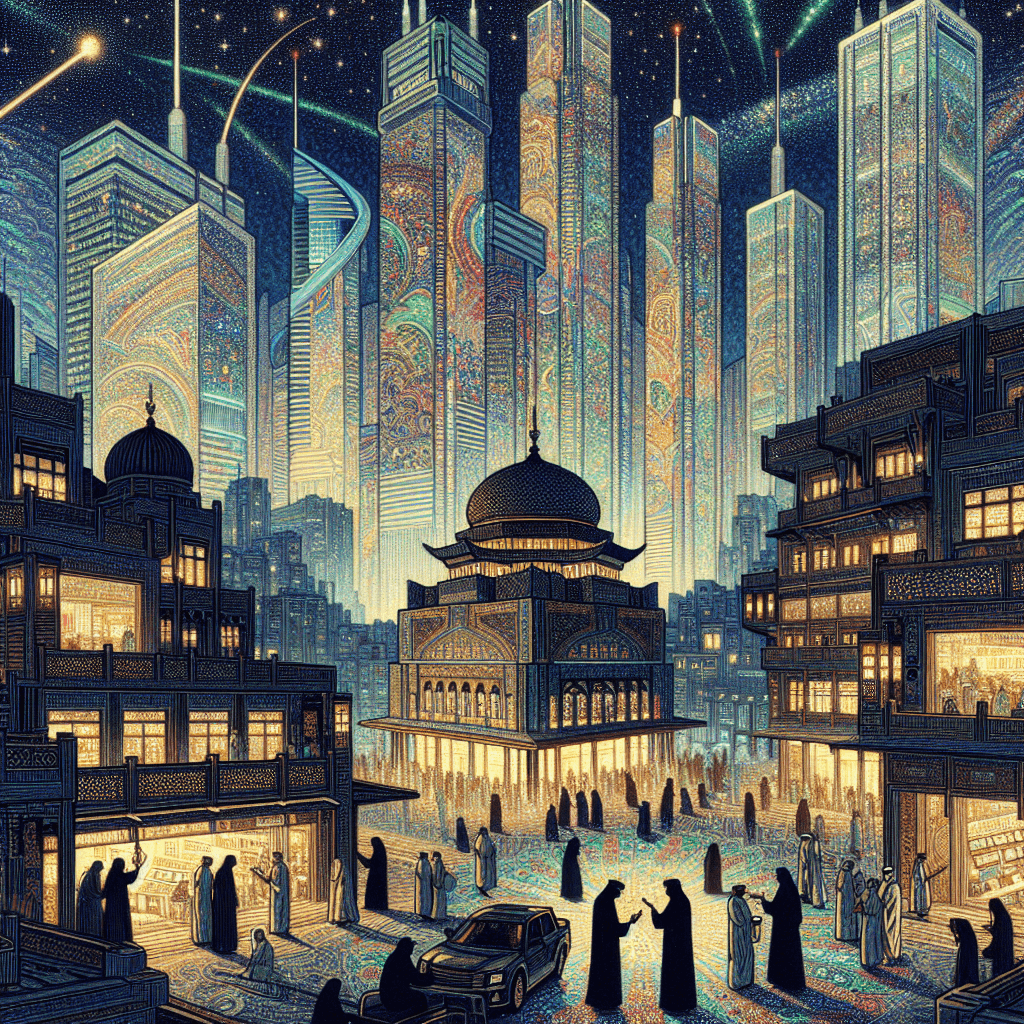 Create an image depicting a bustling financial market that comes to a respectful pause during Ramadan, highlighting the blend of tradition and modern fractal concurrency in trading.