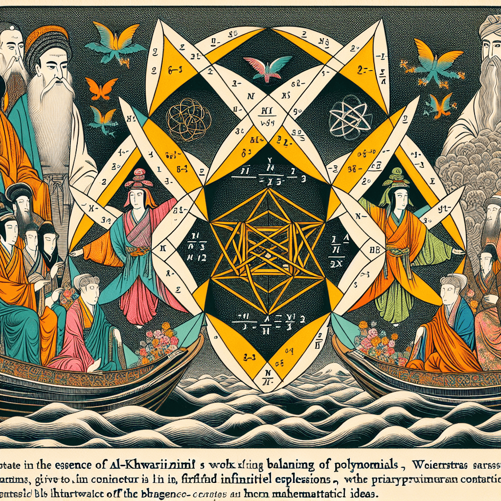 Create an image that combines the essence of Al-Khwarizmi's work on balancing polynomials with Weierstrass's concept of infinite expansions, depicting a bridge between ancient and modern mathematical ideas.