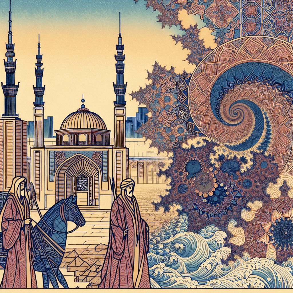 Create an image illustrating the journey of Al-Khwarizmi, showcasing the evolution of mathematical concepts from ancient Baghdad to modern fractals, highlighting themes of continuity and derivability.