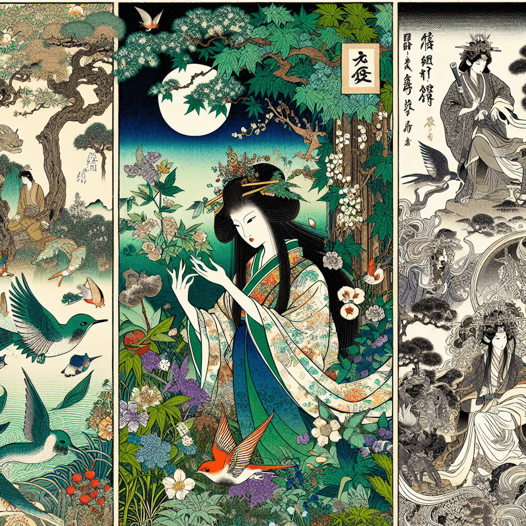 Create an image that depicts Lilith, starting from the Garden of Eden and transitioning into her representation in various mythologies.