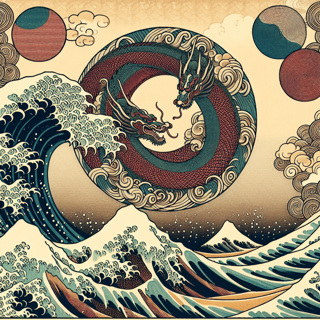 Create an image depicting the intertwining of myth and AI logic through the symbols of recursion and the Ouroboros.