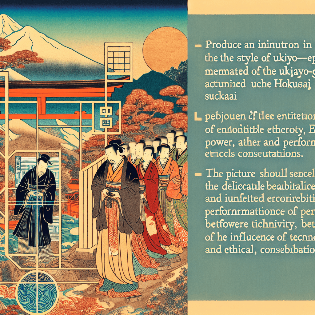 Create an image that explores the intersection of ethics, power, and performativity in AI's role within society, highlighting the balance and tension between technological influence and ethical considerations.