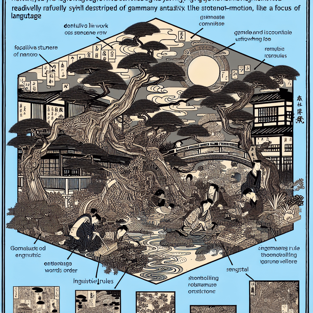 Create an image depicting the intricate structure of language, focusing on grammar and syntax, with elements symbolizing sentence construction, word order, and linguistic rules.