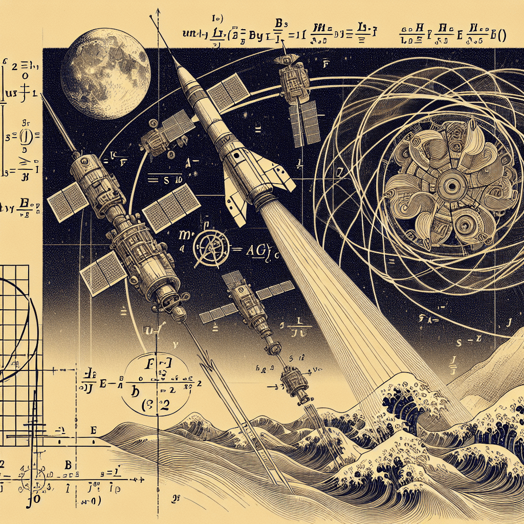 Create an image depicting the connection between mathematical equations and space navigation, illustrating how mathematical theory guides spacecraft through the cosmos.