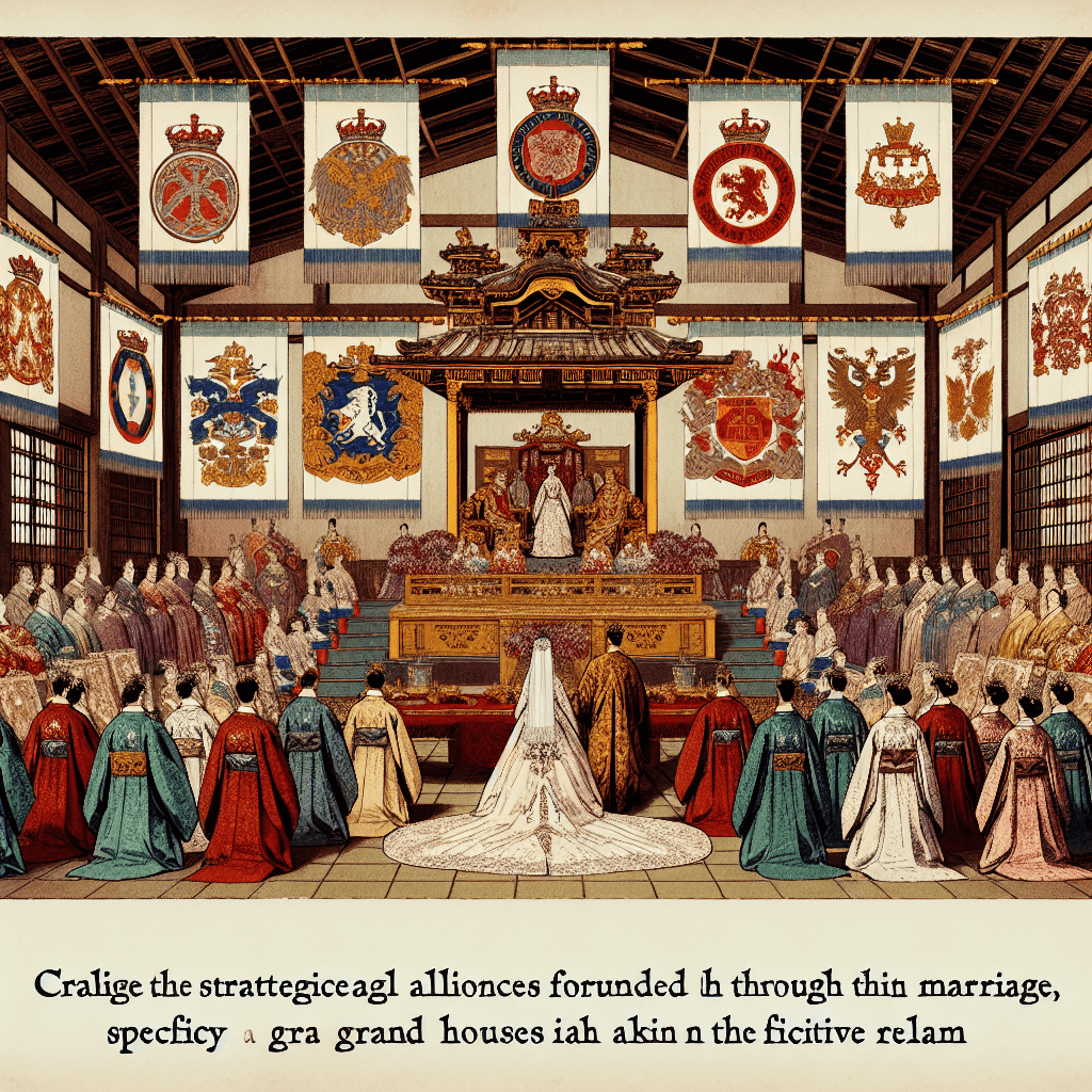 Create an image depicting a royal wedding scene that highlights the strategic alliances formed through marriage among the Great Houses of David.