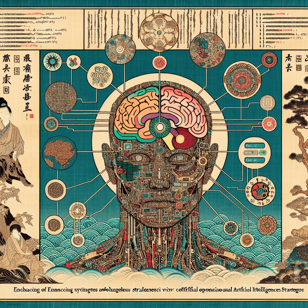 Design an image that represents the concept of improving artificial intelligence's synthetic awareness through code optimization strategies.