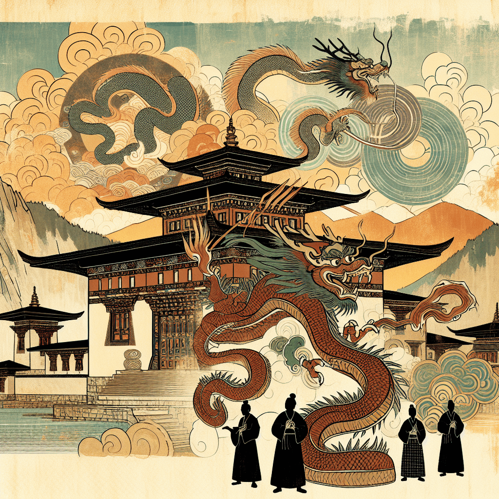 Create an image depicting a blend of philosophy and science, focusing on the exploration of T. gondii, set against the backdrop of Bhutan's cultural and natural landscape.