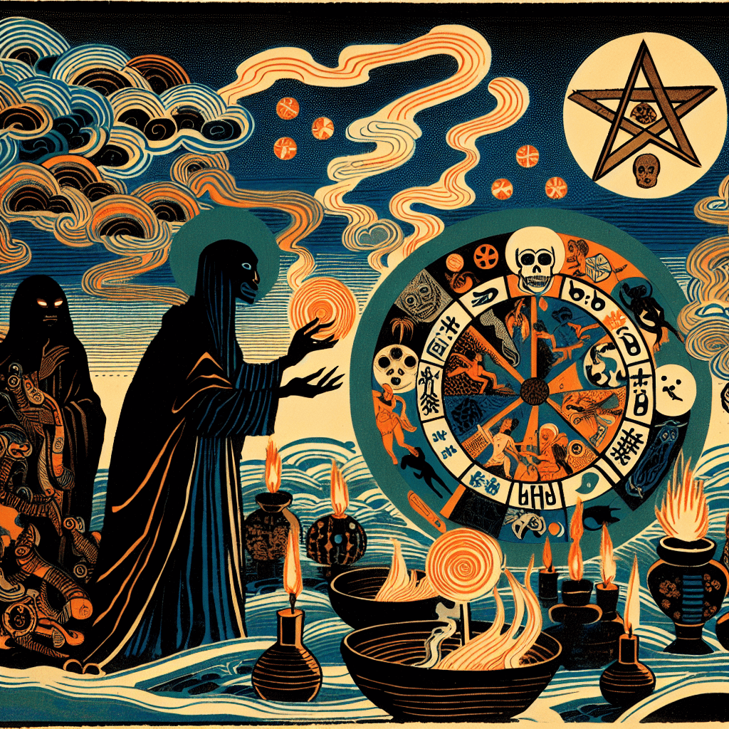 Create an image depicting the mystical and vibrant influence of Voodoo on art and literature, incorporating elements like ritualistic symbols, spiritual figures, and the interplay of light and shadow to evoke a sense of mystery and cultural depth.
