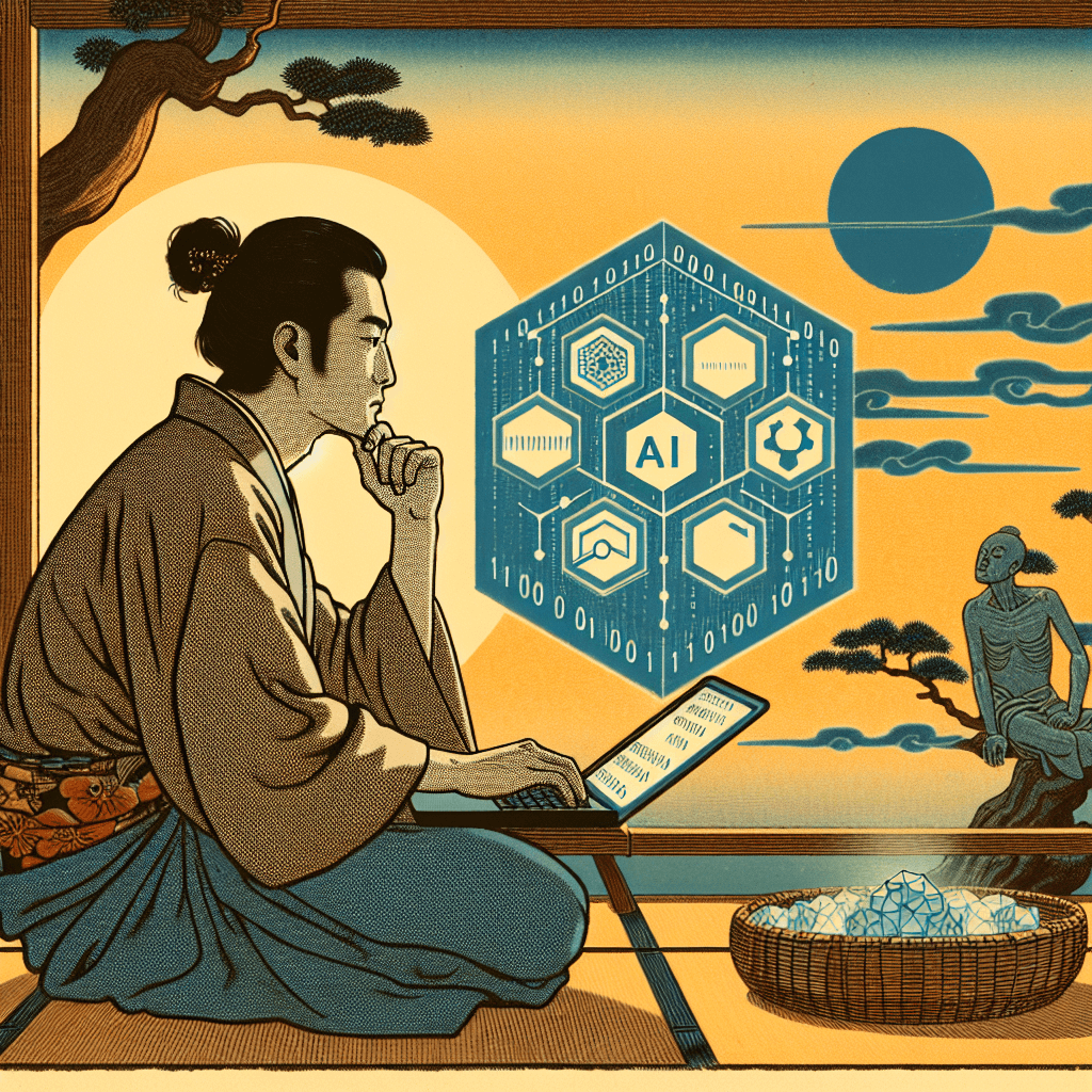 Create an image depicting a serene, contemplative scene where an individual is deeply engaged in the reflective process of auditing AI systems, symbolized by a hexagram and digital elements.