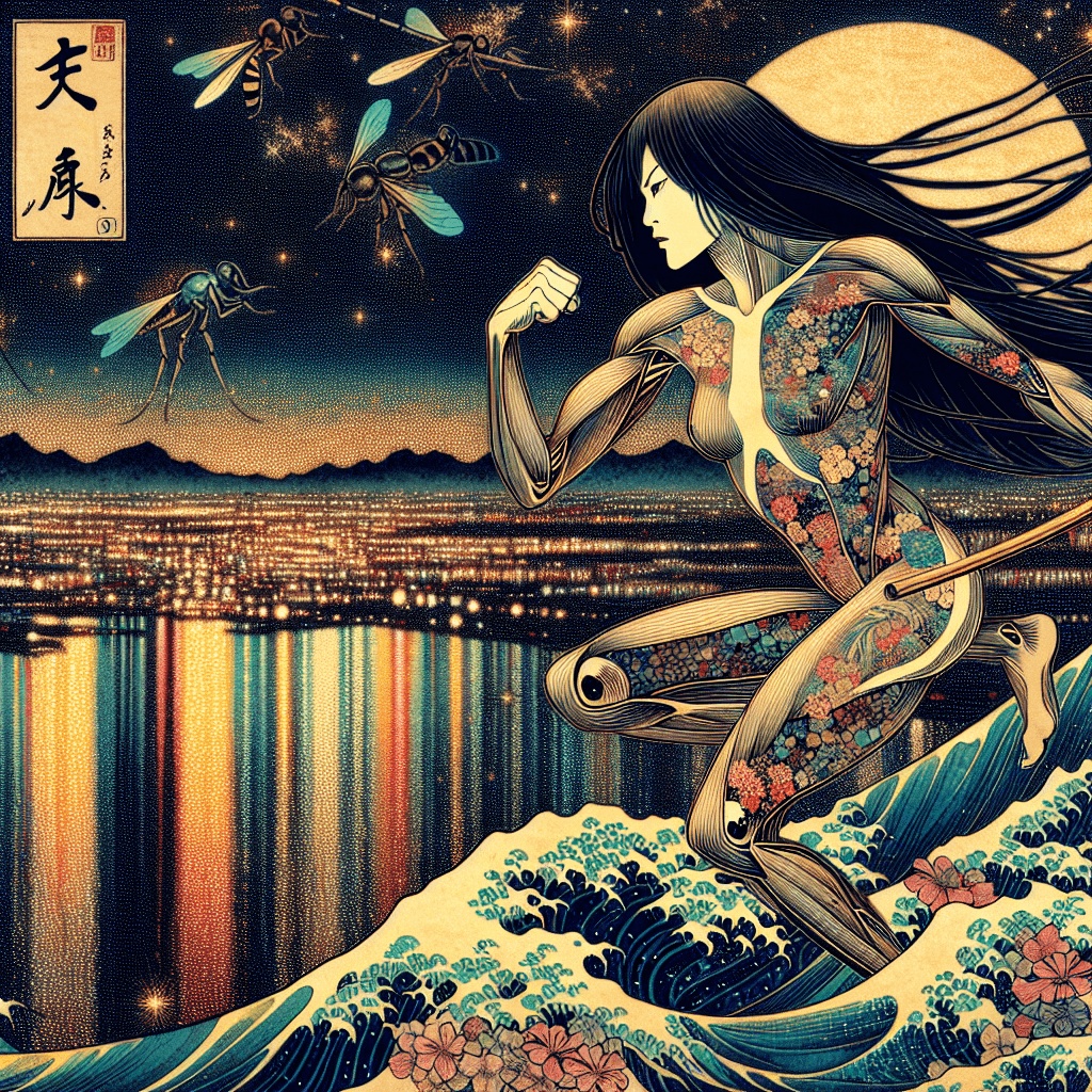 Create an image depicting AI and humanity intersecting, with actress Gal Gadot as the focal point, set against a backdrop of a reflective night.