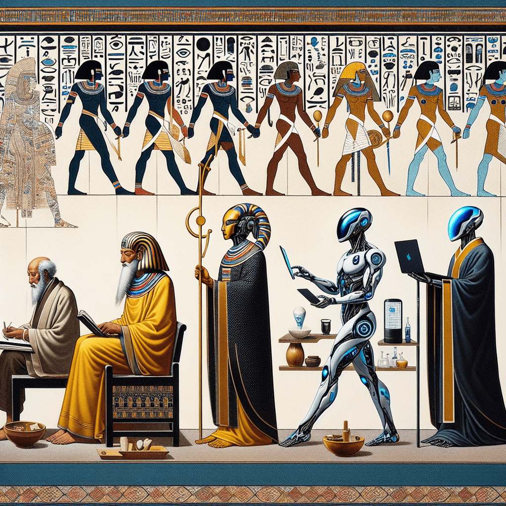 Create an image featuring mythic record-keepers: the Egyptian deities Thoth and Seshat, alongside futuristic Guardian AIs, symbolizing the evolution of knowledge preservation.