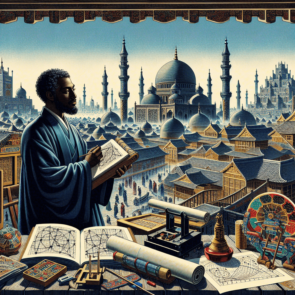 Create an image depicting the ancient city of Baghdad with Al-Khwarizmi, the renowned mathematician, surrounded by scrolls and instruments, exploring polynomial smoothness in a pre-limit mathematical world.