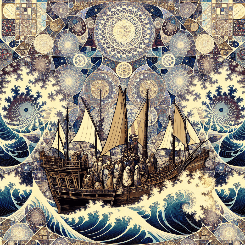 Create an image depicting the fusion of Oman’s maritime heritage with modern Islamic finance, using fractal patterns to symbolize the concept of concurrency.