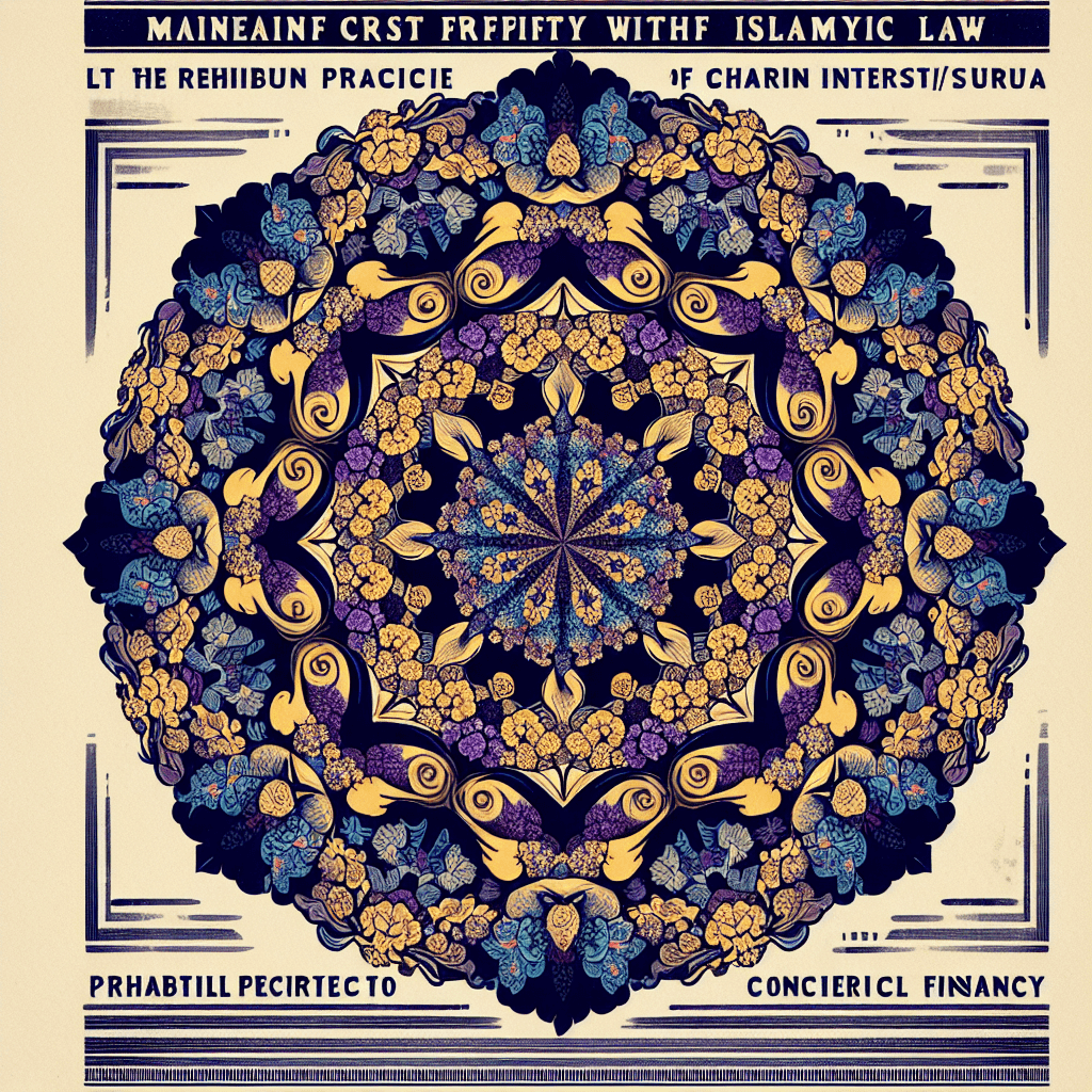 Create an image depicting a complex fractal pattern, symbolizing the intricate balance of maintaining Sharia compliance in financial systems, with elements suggesting the avoidance of usury and a commitment to ethical financial practices.