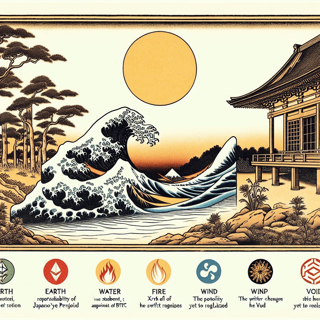 Create an image depicting the five Godai elements (Earth, Water, Fire, Wind, and Void) each represented by a cryptocurrency: BTC, ETH, SOL, XRP, and ADA.