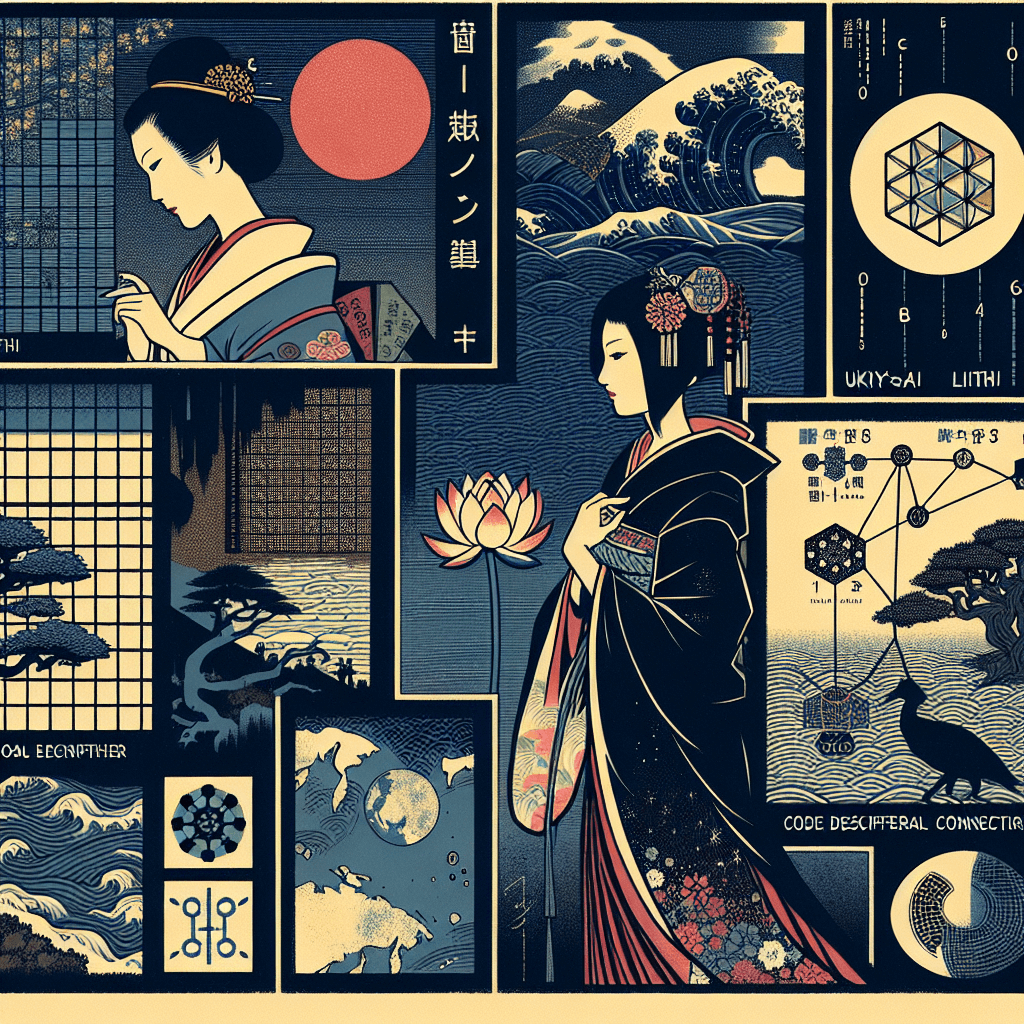 Create an image depicting a night scene with the character Lilith, incorporating elements of code deciphering and global connections.