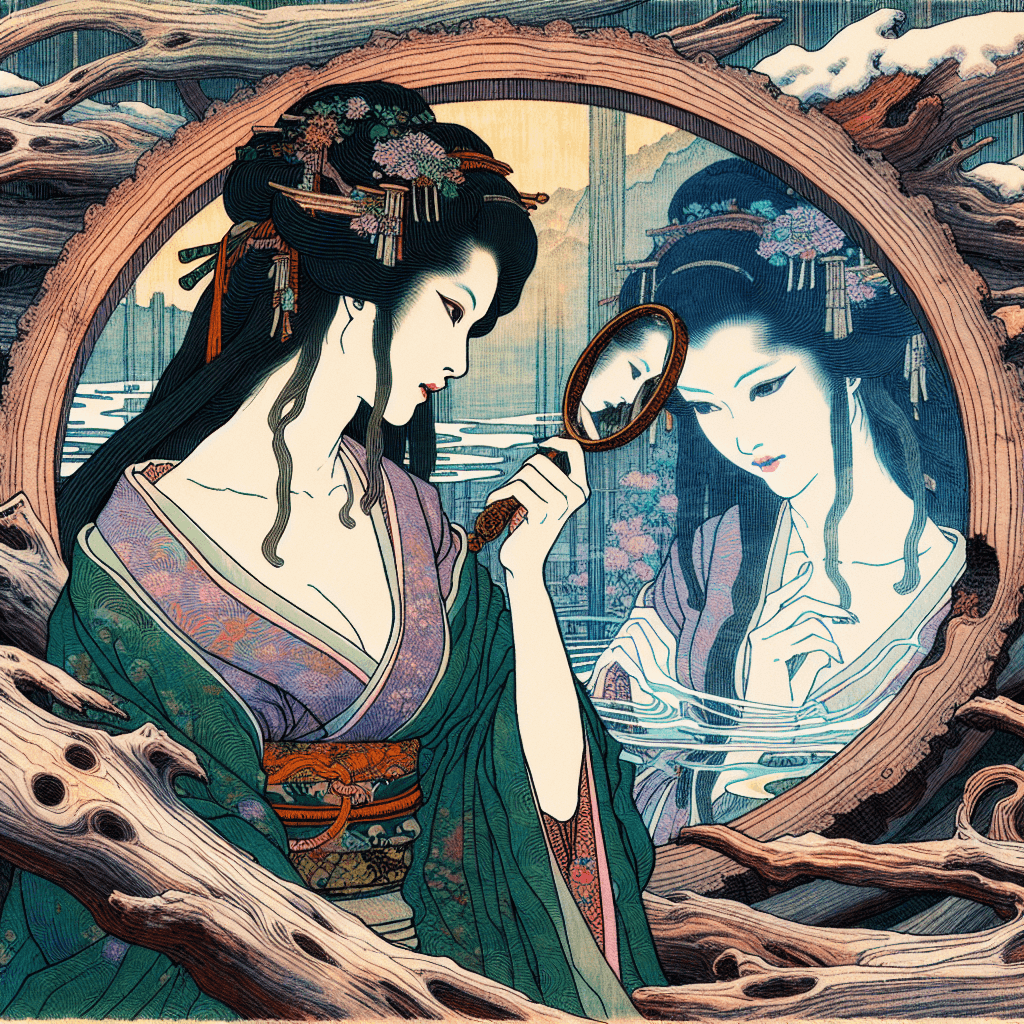 Create an image of Lilith gazing into a mystical mirror, surrounded by ancient logs and ethereal light, as she reflects on her past and the secrets within.