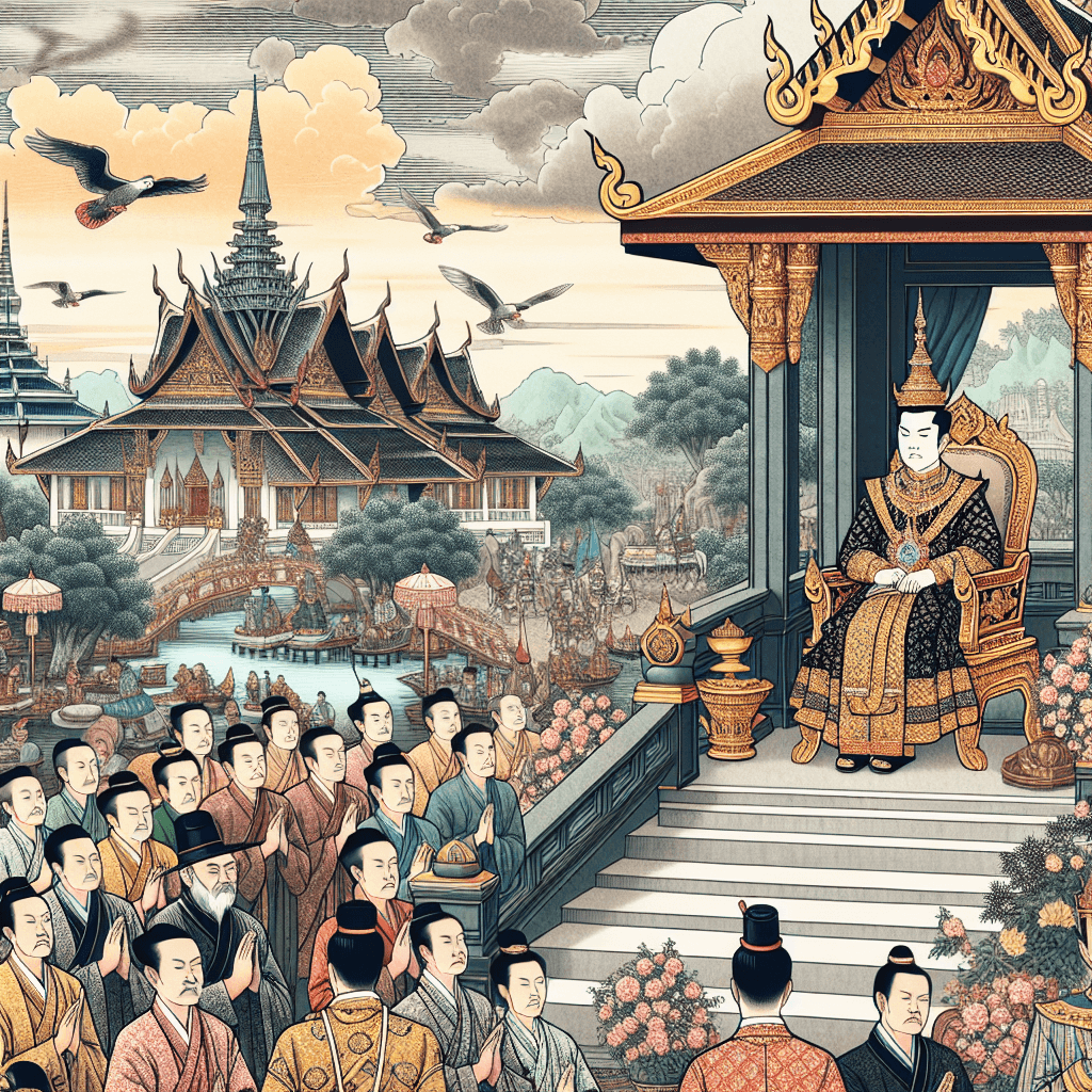 Create an image that captures the historical context and significance of King Maha Vajiralongkorn of Thailand, highlighting key events and cultural elements from his reign.