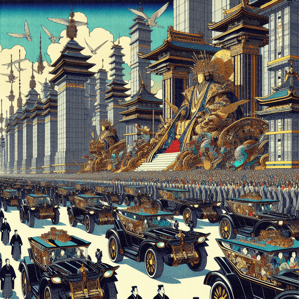 Create an image of a grand procession featuring AI-enabled persona cars, each uniquely designed to reflect the personality and reign of different monarchs, showcasing a blend of regal and futuristic elements.
