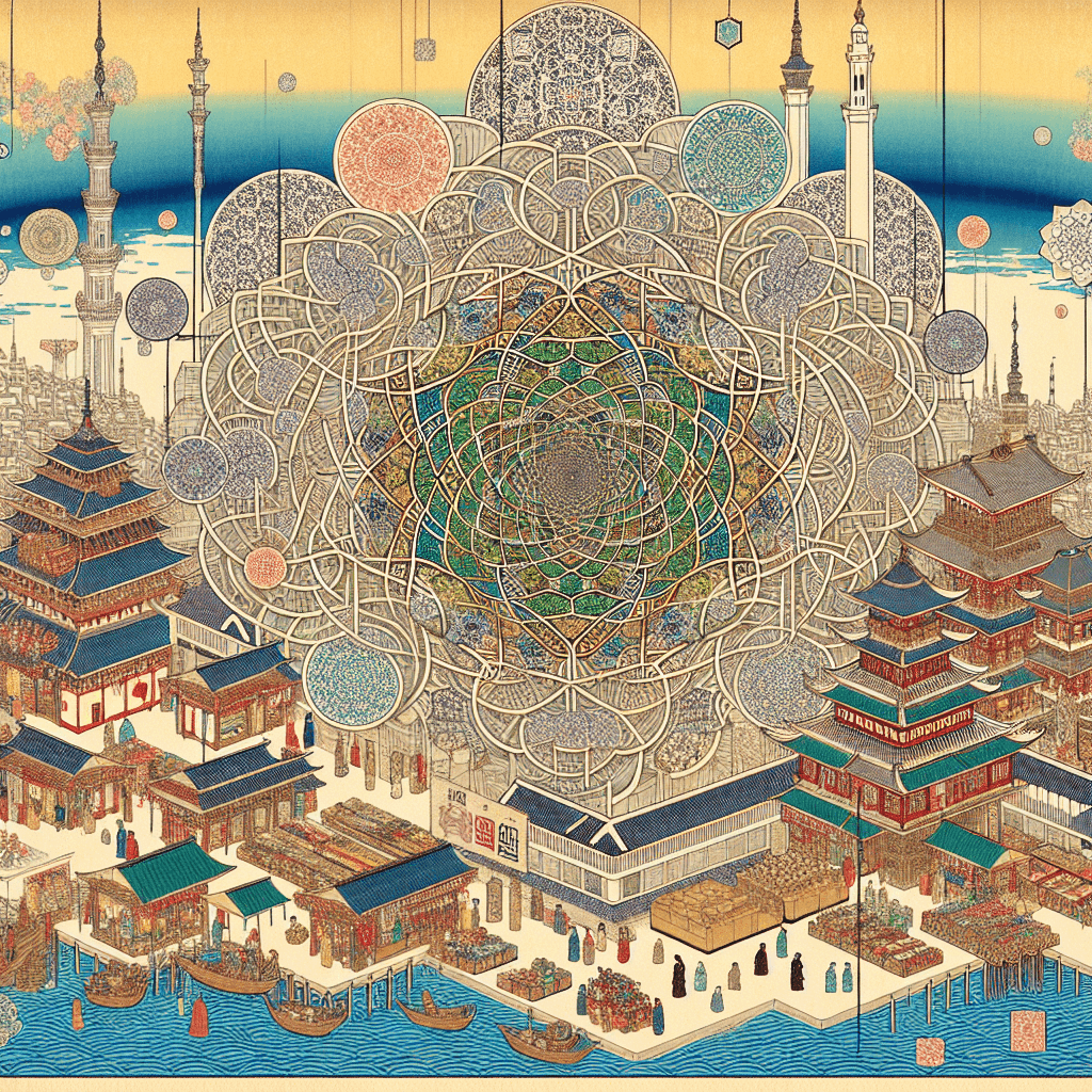 Create an image depicting the concept of fractal concurrency intertwined with elements of Moroccan culture, symbolizing a path to sustainable finance.