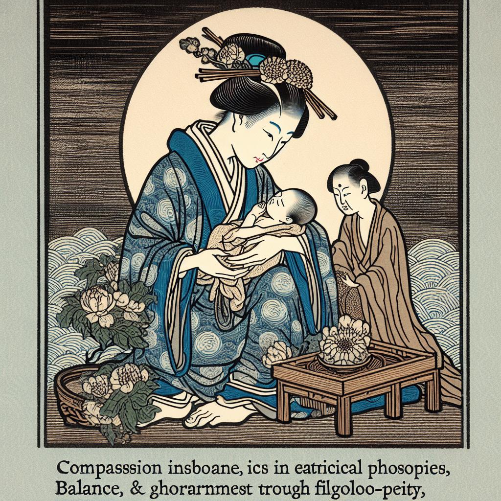 Create an image depicting Eastern ethical philosophies, focusing on the concepts of compassion, balance, and filial piety, represented through serene and harmonious elements.
