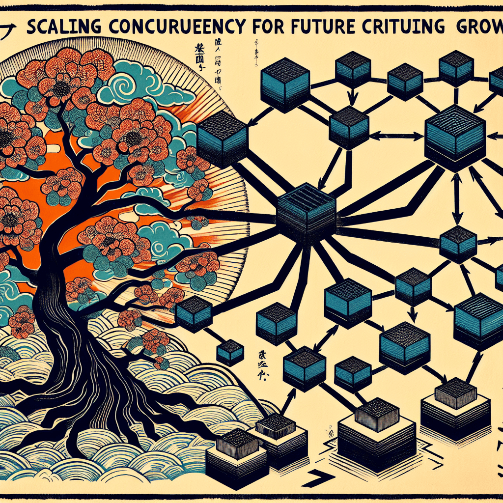 Create an image depicting the concept of scaling concurrency for future growth, illustrating a dynamic and interconnected network expanding to accommodate increasing demands.