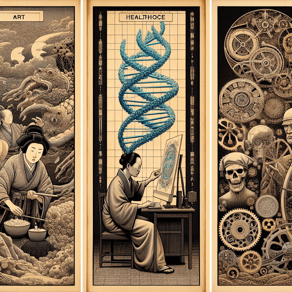 Create an image depicting various real-world applications of generative models, showcasing their impact in fields like art, healthcare, and technology.