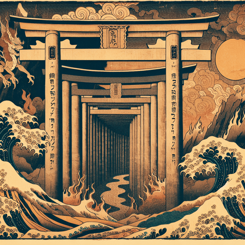 Create an image depicting the mystical threshold of the Gates of Hell as described in Jewish lore, capturing a sense of ancient mystery and spiritual significance.