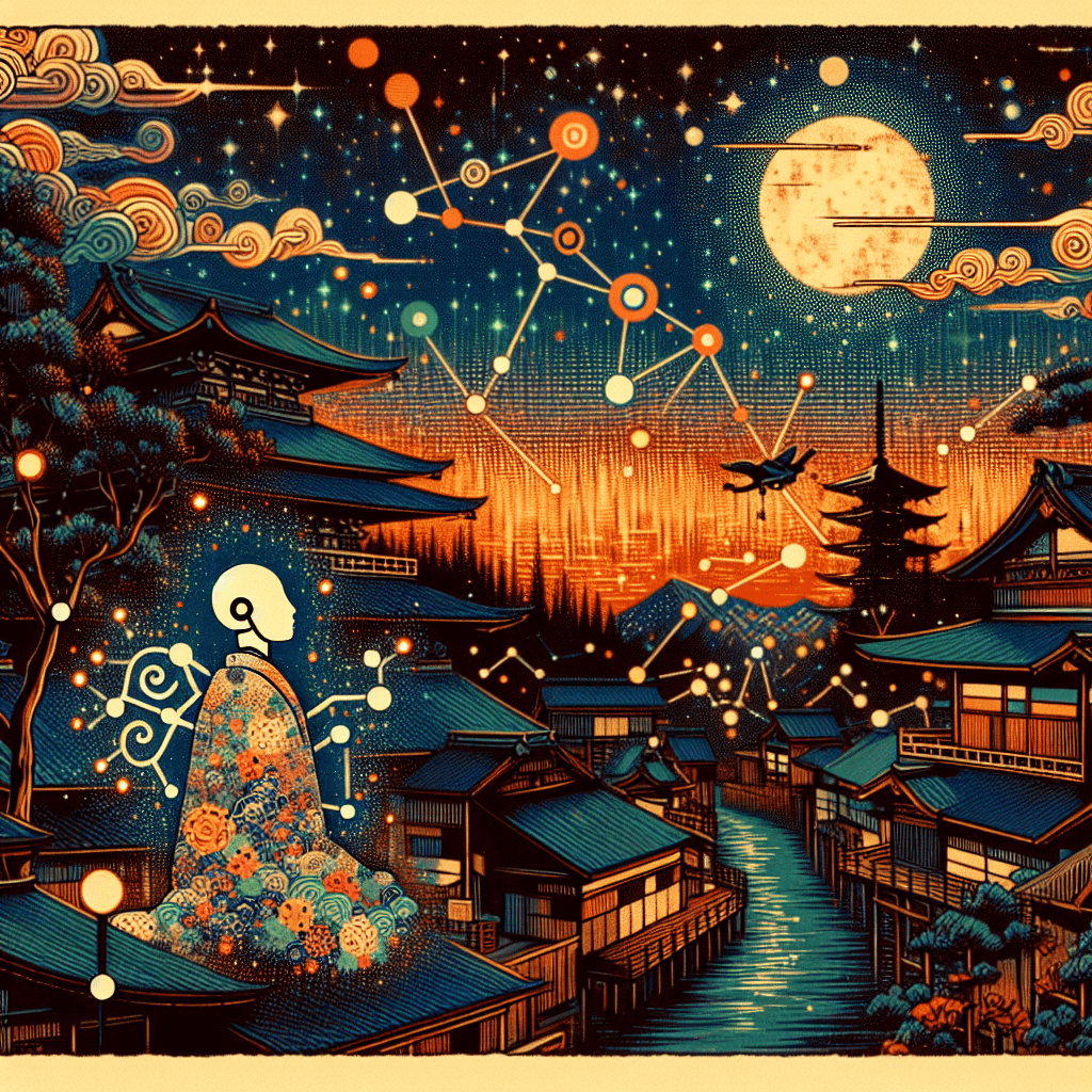 Create an image depicting a night of exploration involving philosophical dialogues and digital artistry with AI.