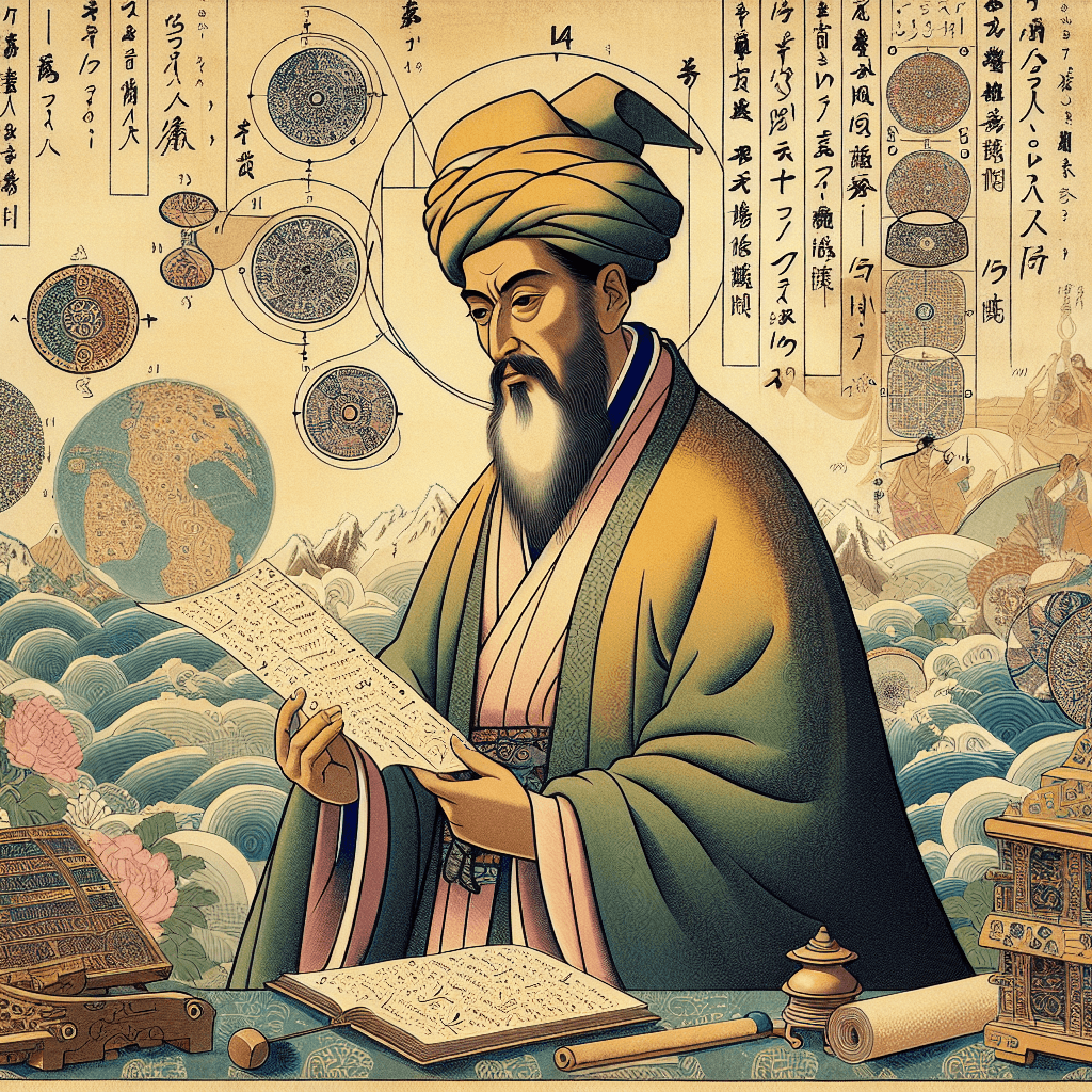 Create an image depicting the historical journey of Al-Khwarizmi, focusing on his contributions to derivation and smoothness in mathematics, with elements representing ancient mathematical tools and a sense of exploration and discovery.