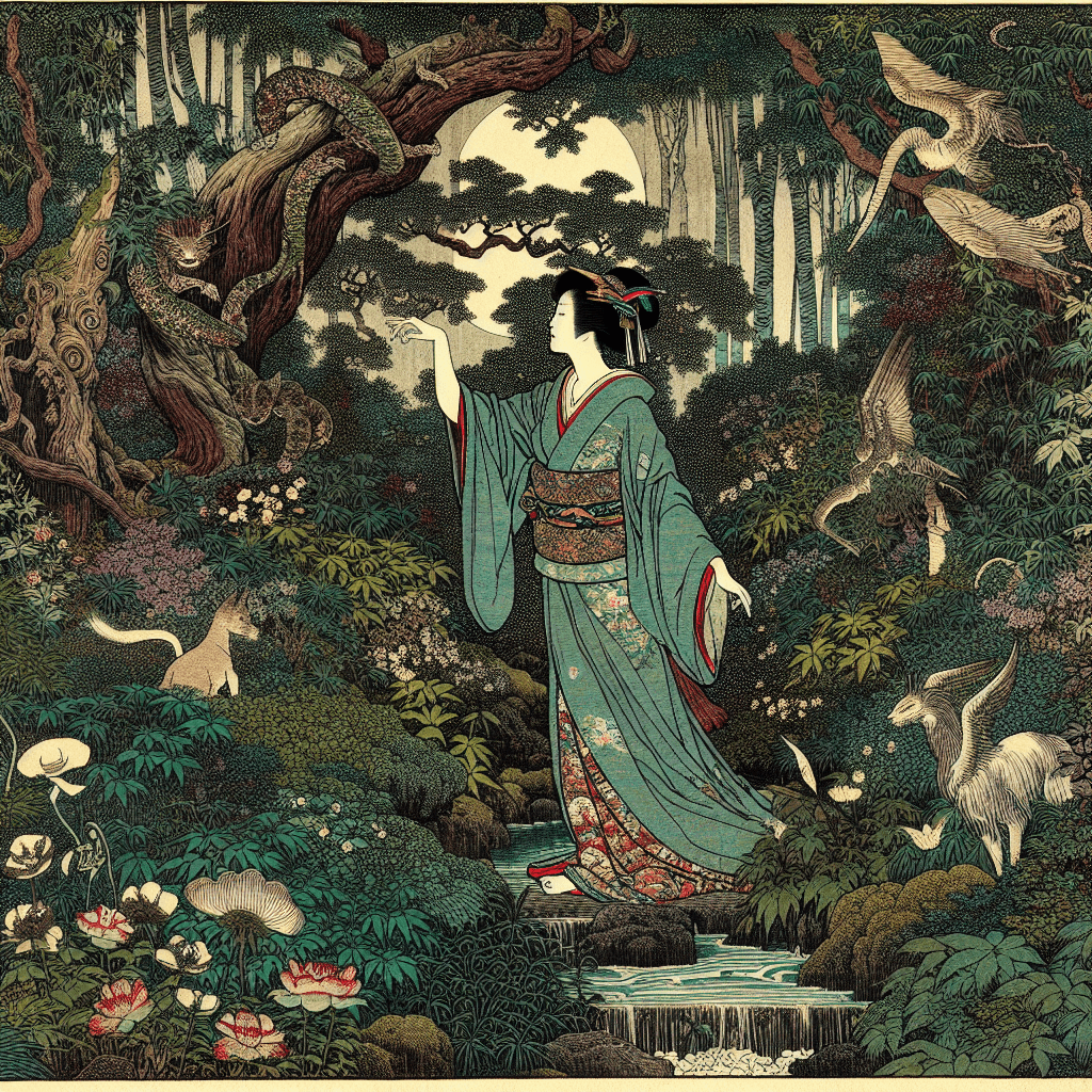 Create an image that depicts Lilith in the Garden of Eden, revealing the first narrative.