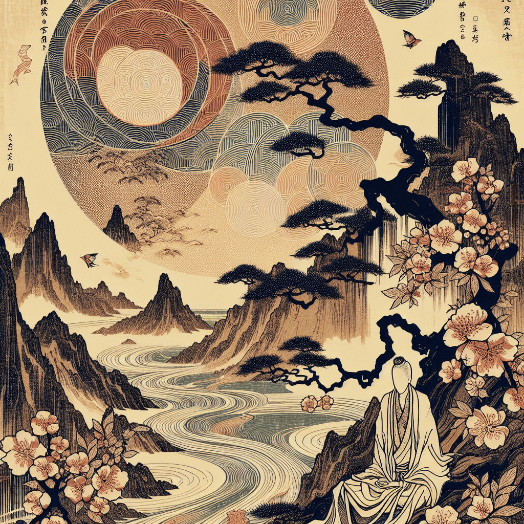 Create an image that juxtaposes the serene emptiness of Zen philosophy with the complex paradox of Gödel's incompleteness theorems, blending clarity and enigma in a harmonious visual.