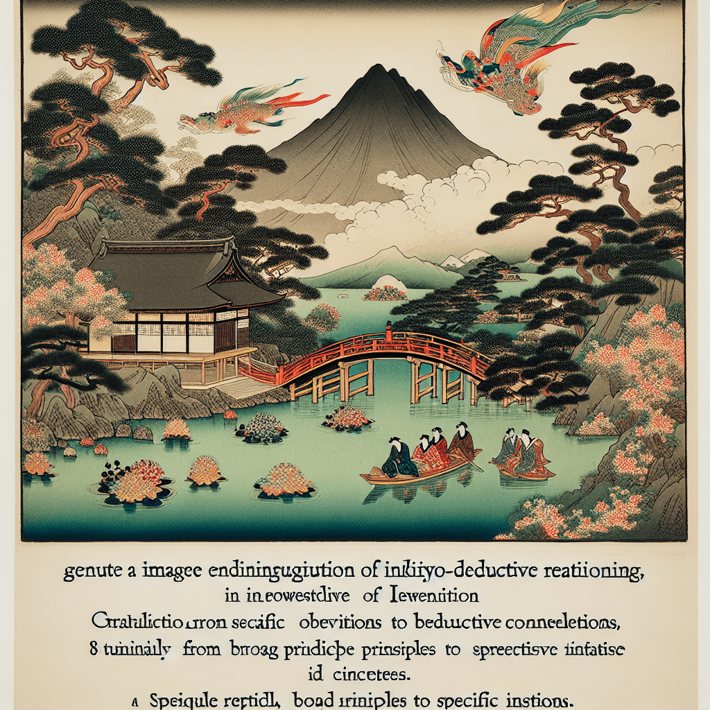 Create an image illustrating the contrast between inductive and deductive reasoning, with visual elements representing the progression from specific observations to general conclusions for inductive reasoning, and from general principles to specific instances for deductive reasoning.