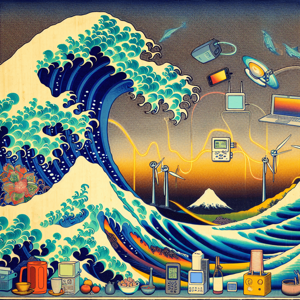 Create an image depicting the invisible microwaves that power everyday devices, showing their interaction with common household items like microwaves, smartphones, and Wi-Fi routers.