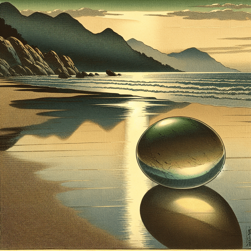 Create an image of a smooth, reflective pebble lying on a serene beach, capturing the play of light and shadow on its surface as it mirrors the surrounding landscape.