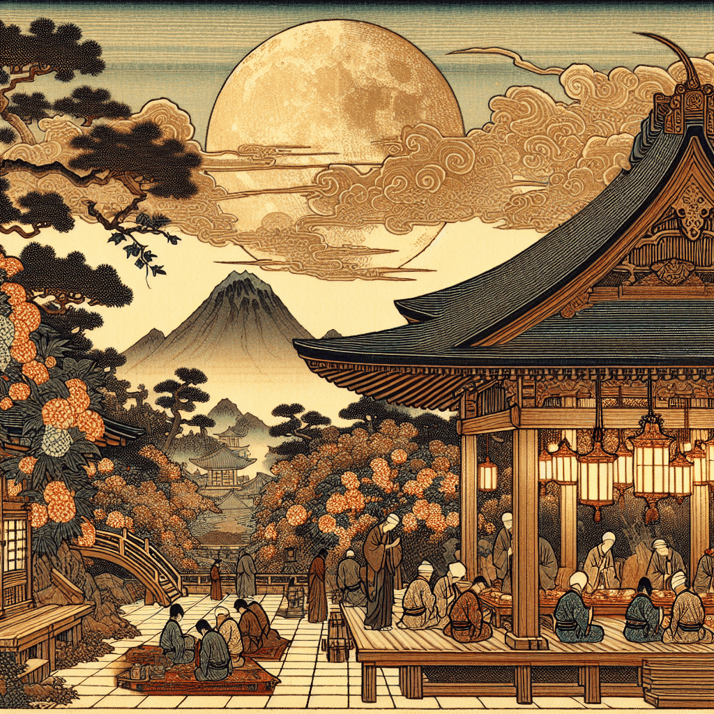 Create an image depicting the serene and spiritual atmosphere of Ramadan, highlighting the pause in daily life to embrace the lunar cycle and the concept of fractal concurrency.